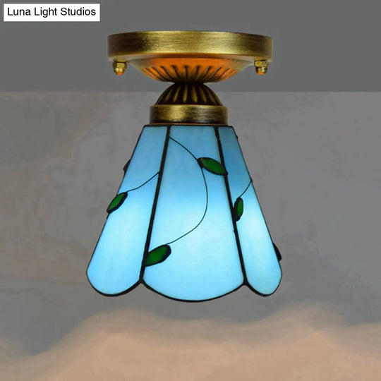 Tiffany Stained Art Glass Semi Flush Mount Ceiling Light - Single-Bulb Shaded Fixture Sky Blue
