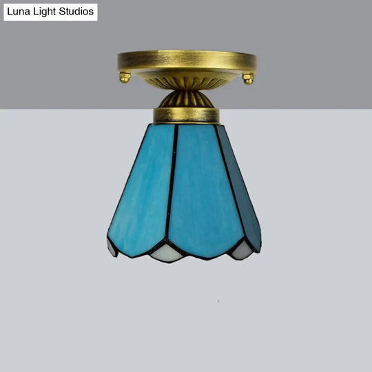 Tiffany Stained Art Glass Semi Flush Mount Ceiling Light - Single-Bulb Shaded Fixture Lake Blue