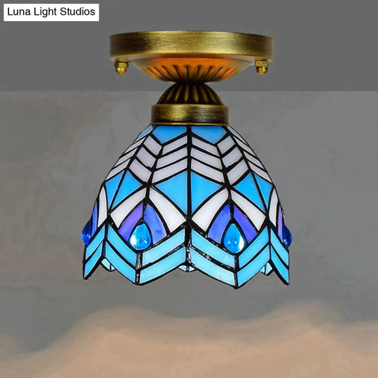 Tiffany Stained Art Glass Semi Flush Mount Ceiling Light - Single-Bulb Shaded Fixture Blue