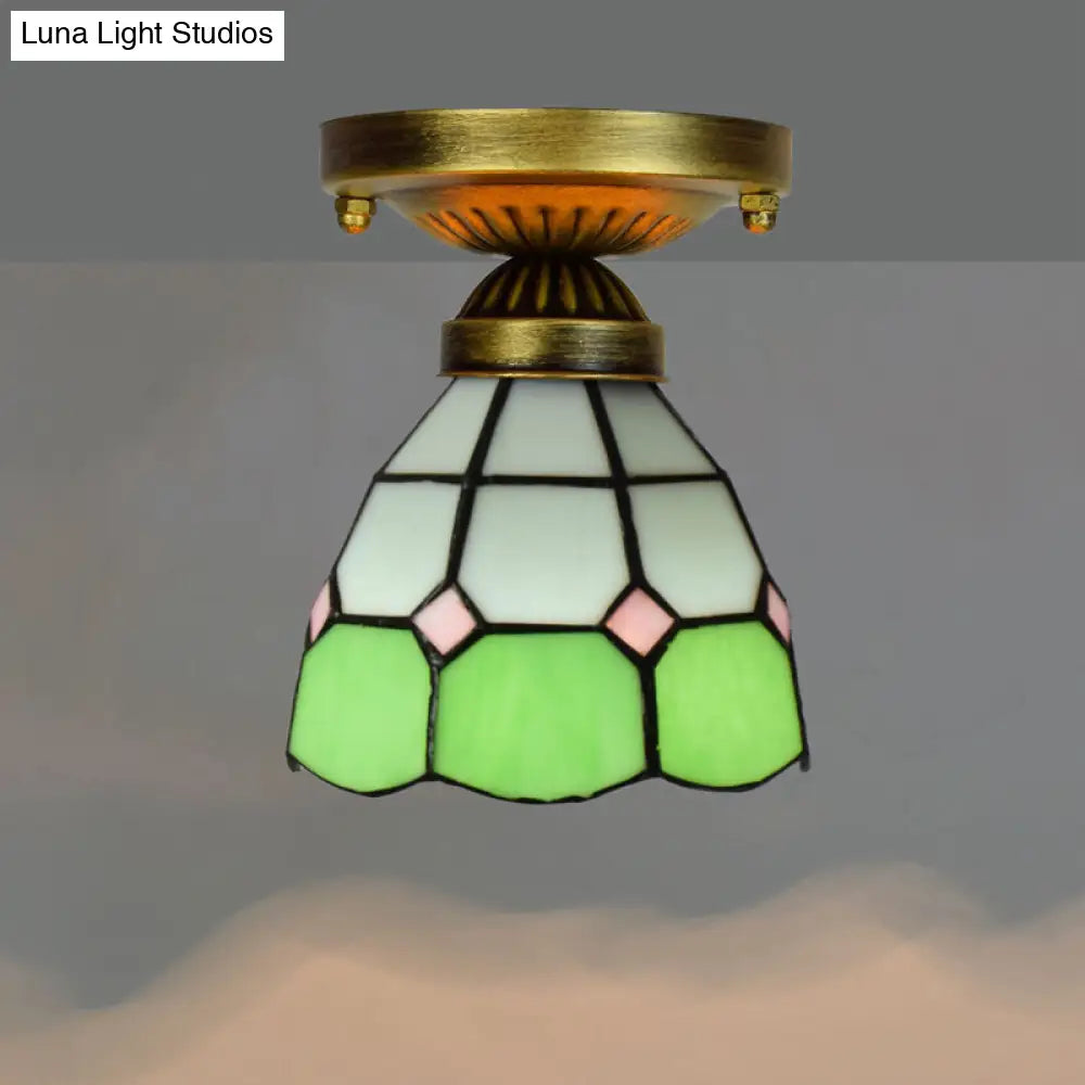 Tiffany Stained Art Glass Semi Flush Mount Ceiling Light - Single-Bulb Shaded Fixture Green