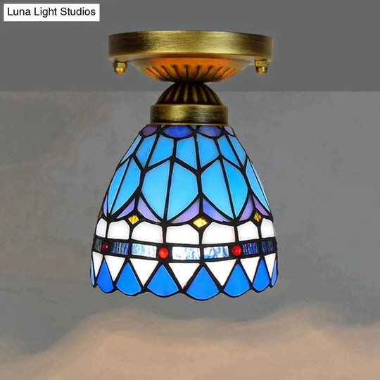 Tiffany Stained Art Glass Semi Flush Mount Ceiling Light - Single-Bulb Shaded Fixture Peacock Blue