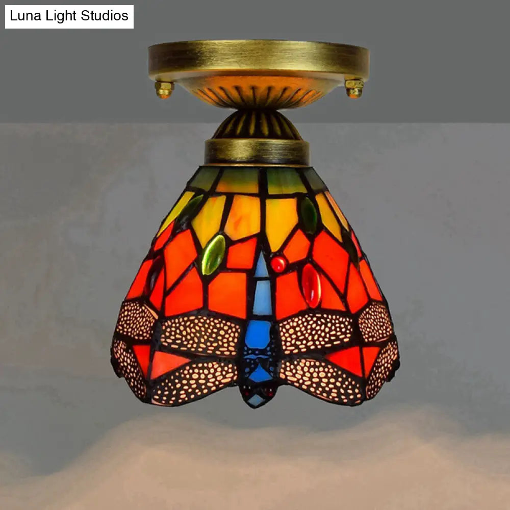 Tiffany Stained Art Glass Semi Flush Mount Ceiling Light - Single-Bulb Shaded Fixture Red