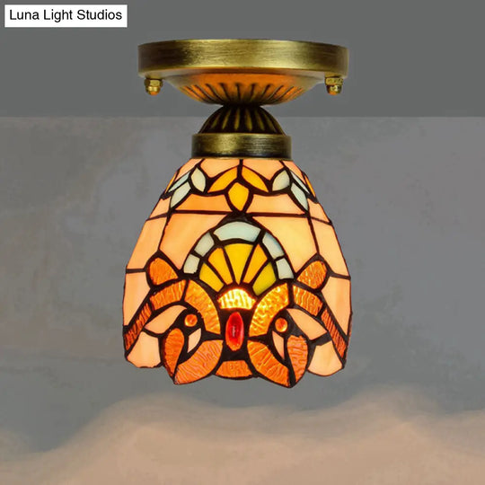 Tiffany Stained Art Glass Semi Flush Mount Ceiling Light - Single-Bulb Shaded Fixture Gold