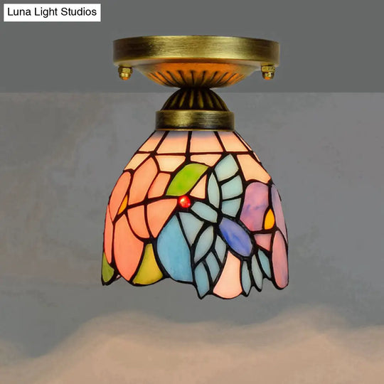 Tiffany Stained Art Glass Semi Flush Mount Ceiling Light - Single-Bulb Shaded Fixture Pink