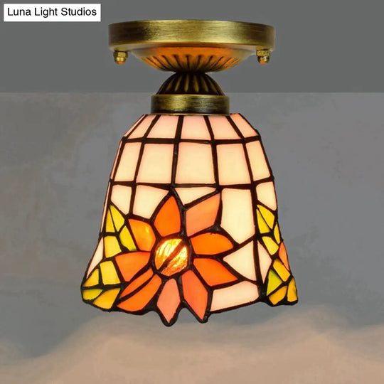 Tiffany Stained Art Glass Semi Flush Mount Ceiling Light - Single-Bulb Shaded Fixture Orange