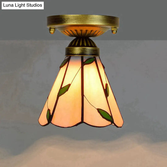 Tiffany Stained Art Glass Semi Flush Mount Ceiling Light - Single-Bulb Shaded Fixture Champagne