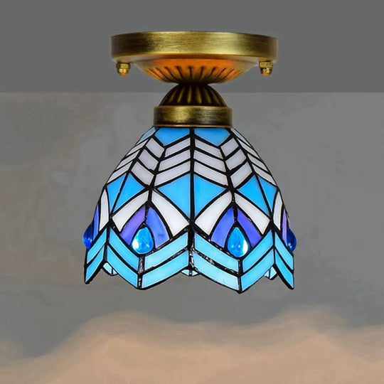 Tiffany Stained Art Glass Semi Flush Mount Ceiling Light - Single - Bulb Shaded Fixture Blue