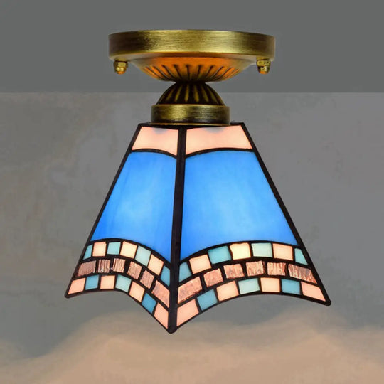 Tiffany Stained Art Glass Semi Flush Mount Ceiling Light - Single - Bulb Shaded Fixture Dark Blue