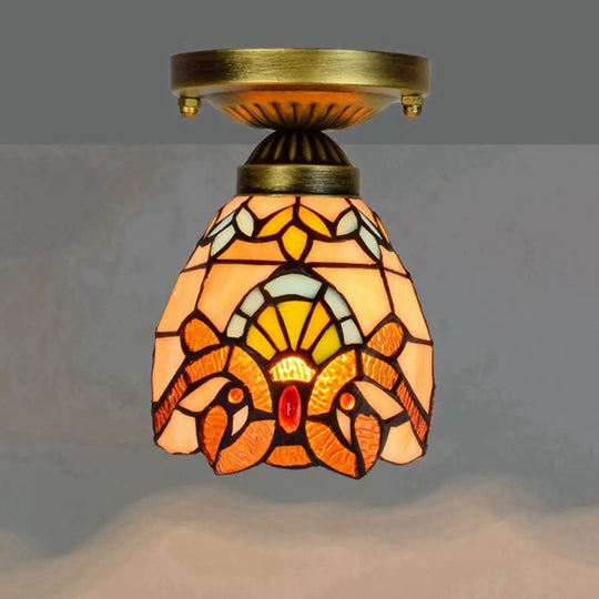 Tiffany Stained Art Glass Semi Flush Mount Ceiling Light - Single - Bulb Shaded Fixture Gold