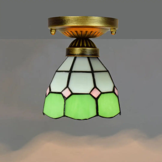 Tiffany Stained Art Glass Semi Flush Mount Ceiling Light - Single - Bulb Shaded Fixture Green