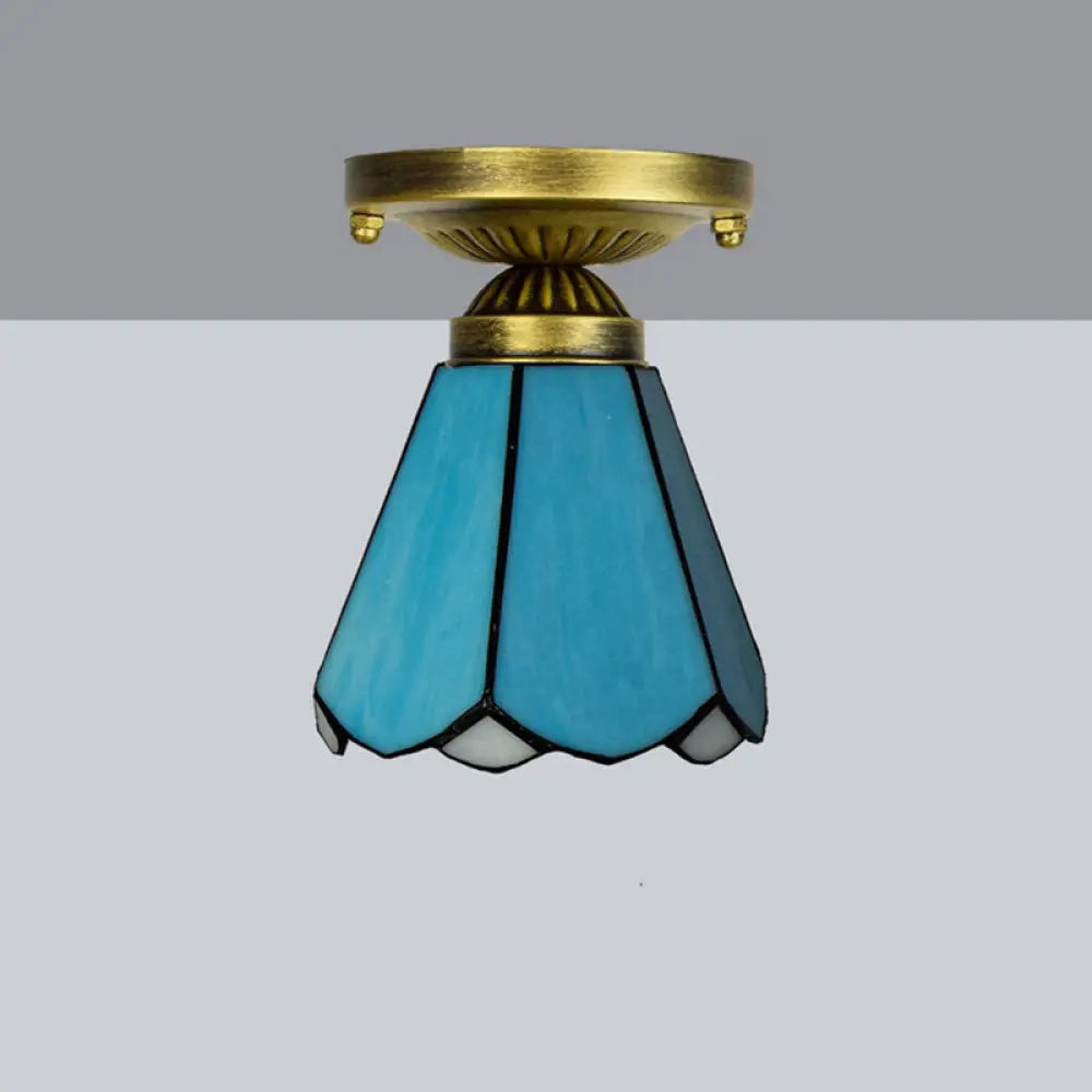 Tiffany Stained Art Glass Semi Flush Mount Ceiling Light - Single - Bulb Shaded Fixture Lake Blue