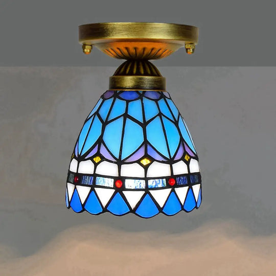 Tiffany Stained Art Glass Semi Flush Mount Ceiling Light - Single - Bulb Shaded Fixture Peacock Blue
