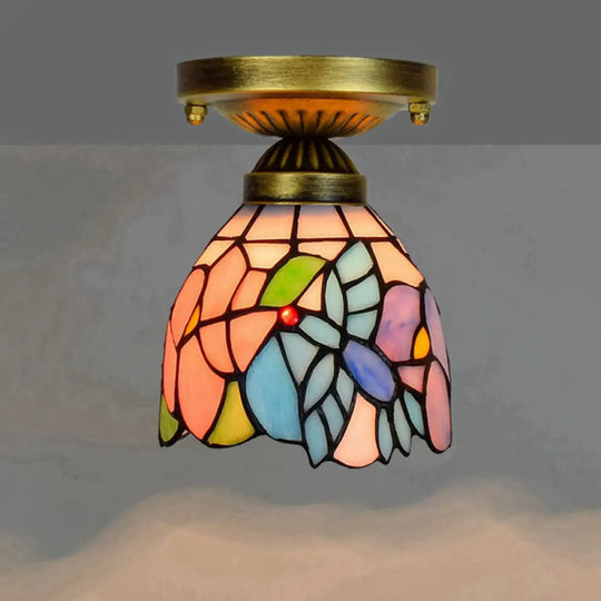 Tiffany Stained Art Glass Semi Flush Mount Ceiling Light - Single - Bulb Shaded Fixture Pink