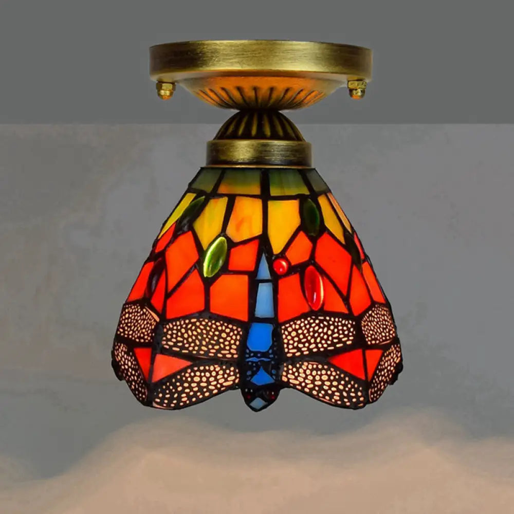 Tiffany Stained Art Glass Semi Flush Mount Ceiling Light - Single - Bulb Shaded Fixture Red