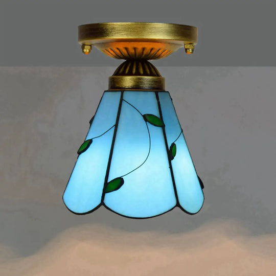 Tiffany Stained Art Glass Semi Flush Mount Ceiling Light - Single - Bulb Shaded Fixture Sky Blue