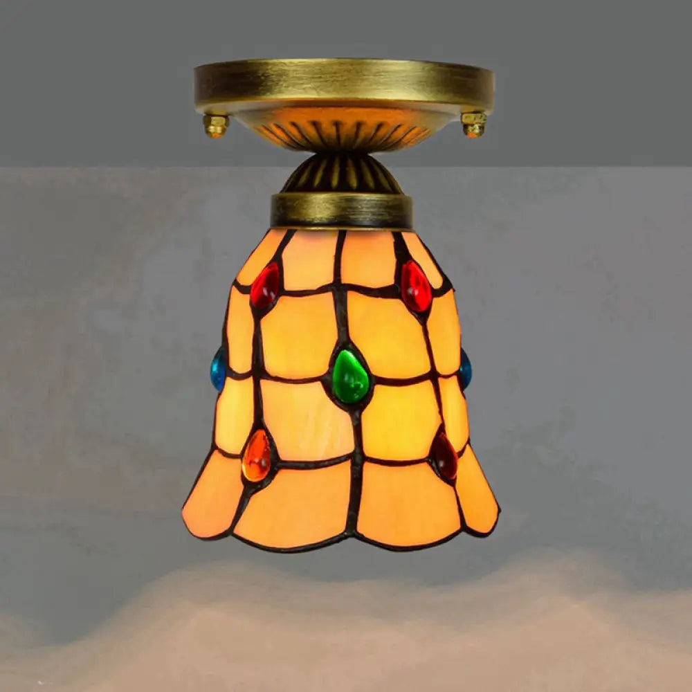 Tiffany Stained Art Glass Semi Flush Mount Ceiling Light - Single - Bulb Shaded Fixture Yellow