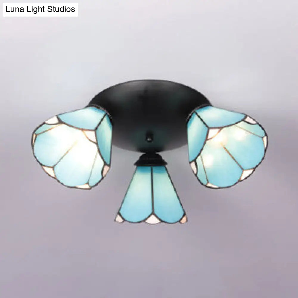 Tiffany Stained Glass 3-Light Conic Ceiling Fixture In White/Blue/Beige For Living Room Blue