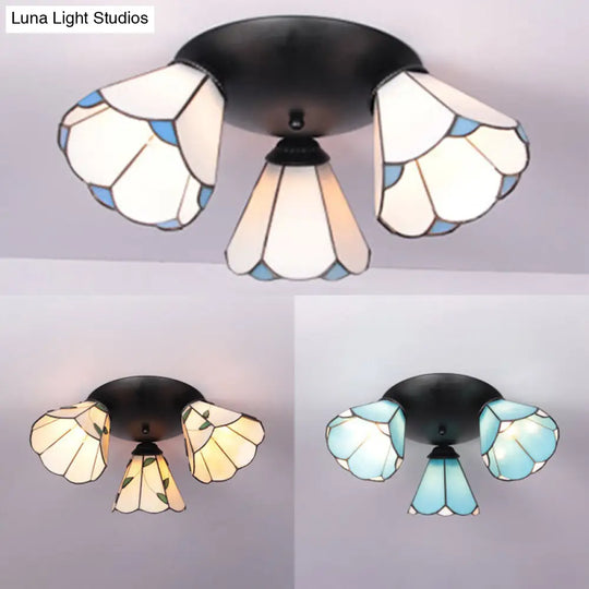 Tiffany Stained Glass 3-Light Conic Ceiling Fixture In White/Blue/Beige For Living Room