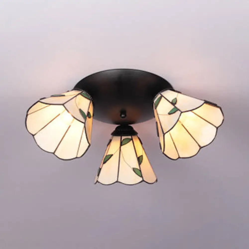 Tiffany Stained Glass 3-Light Conic Ceiling Fixture In White/Blue/Beige For Living Room Beige