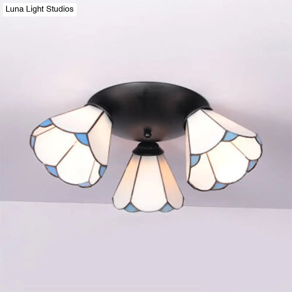 Tiffany Stained Glass 3-Light Conic Ceiling Fixture In White/Blue/Beige For Living Room White