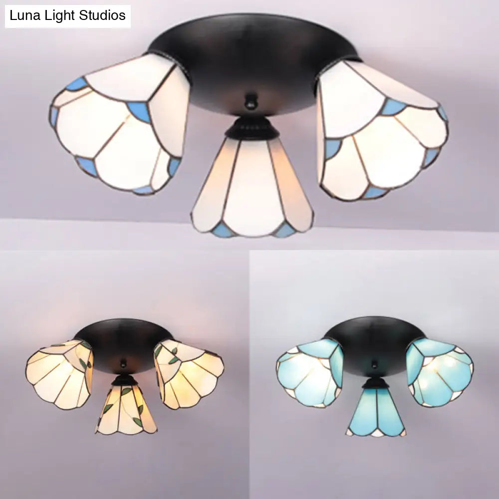 Tiffany Stained Glass 3-Light Conic Ceiling Fixture In White/Blue/Beige For Living Room