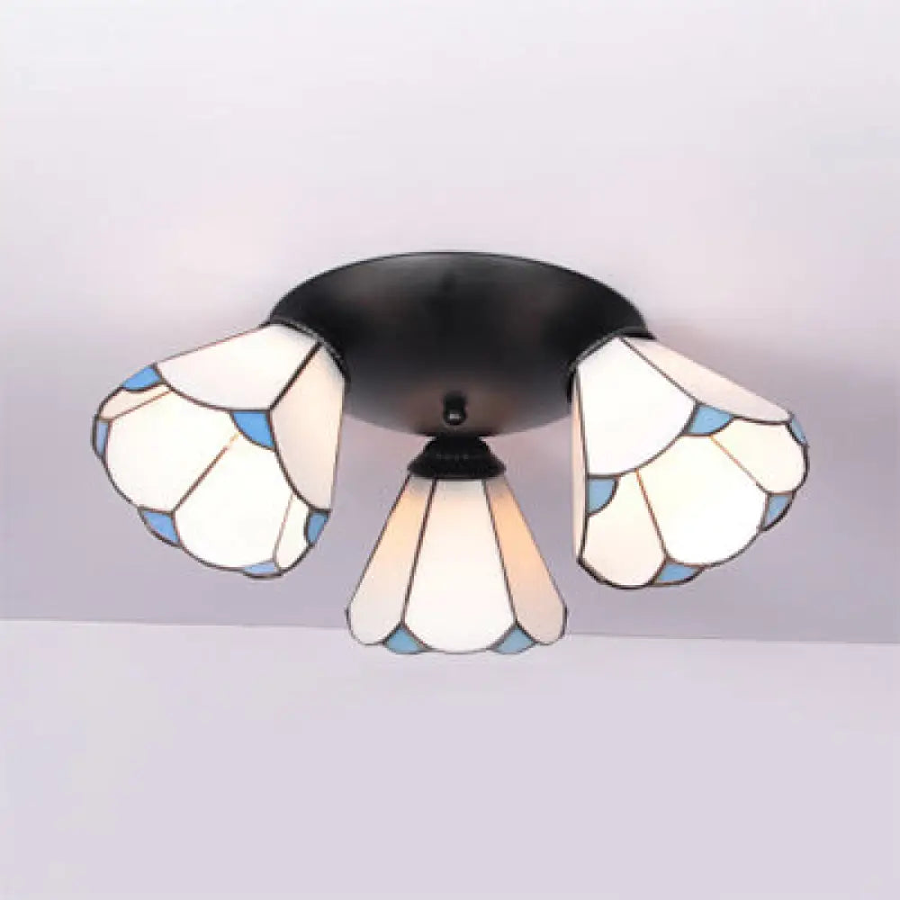 Tiffany Stained Glass 3-Light Conic Ceiling Fixture In White/Blue/Beige For Living Room White