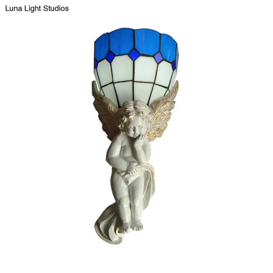 Tiffany Stained Glass Angel Wall Lamp - White/Bronze Finish 1-Light Sconce Lighting