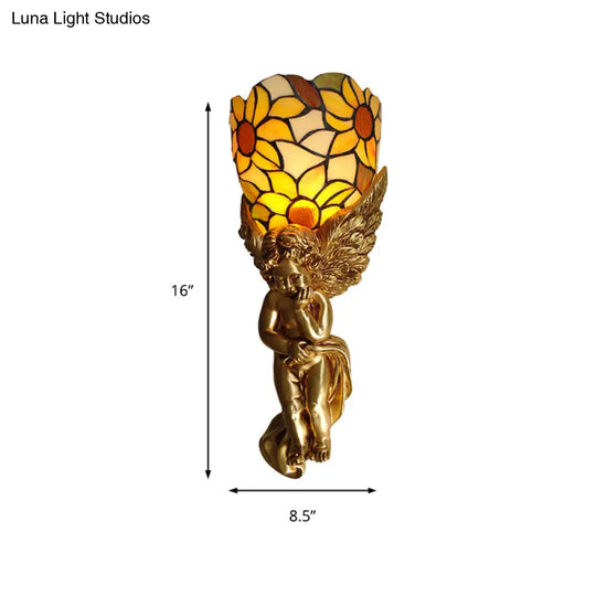 Tiffany Stained Glass Angel Wall Lamp - White/Bronze Finish 1-Light Sconce Lighting