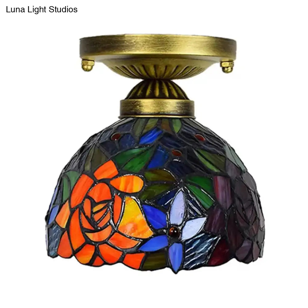 Tiffany Stained Glass Bedroom Ceiling Light: Antique Brass Semi-Flush Mount With Floral Shade