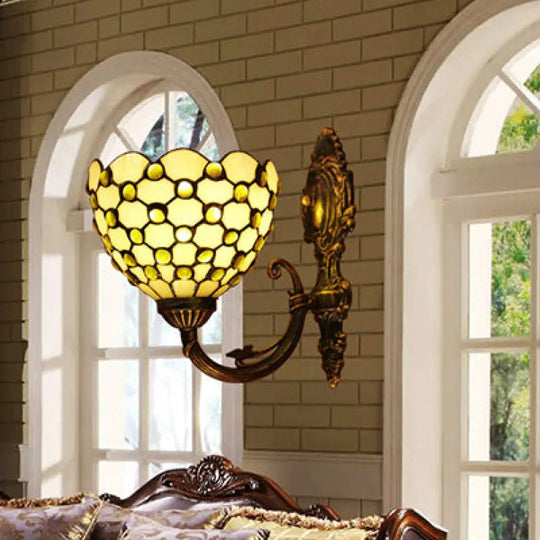 Tiffany Stained Glass Beige Bowl Sconce Lamp With Crystal Bead: Wall Light