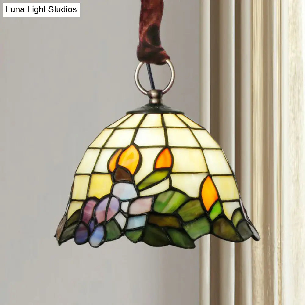 Tiffany Stained Glass Bell Shaped Pendant Lamp With Leaf Pattern - Beige Hanging Light Fixture