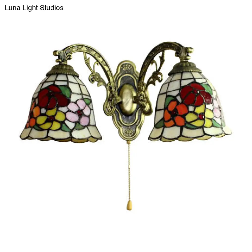 Tiffany Stained Glass Bell Wall Sconce With Pull Switch - Beige 2-Light Flower Fixture