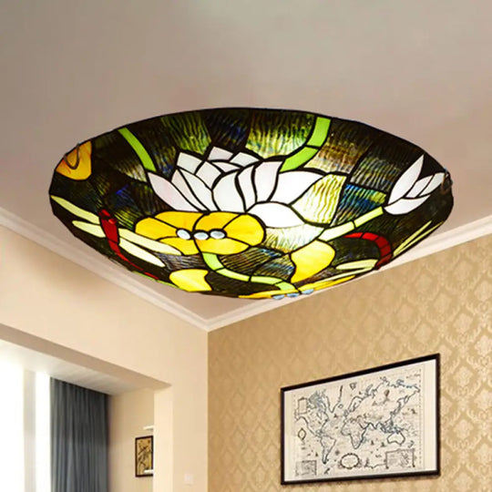 Tiffany Stained Glass Black Bowl Ceiling Lamp - Lotus And Dragonfly Flush Mount Light / 12’