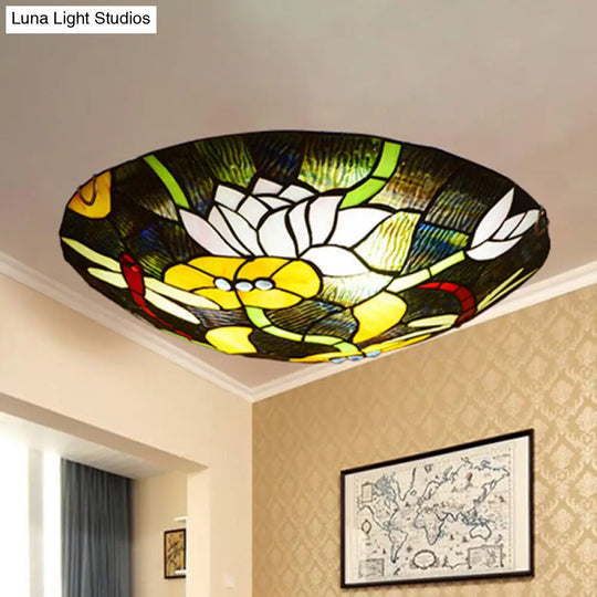 Tiffany Stained Glass Black Bowl Ceiling Lamp - Lotus And Dragonfly Flush Mount Light / 12