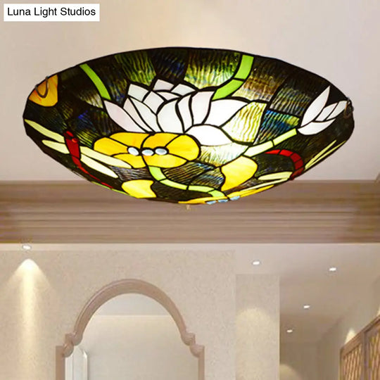 Tiffany Stained Glass Black Bowl Ceiling Lamp - Lotus And Dragonfly Flush Mount Light