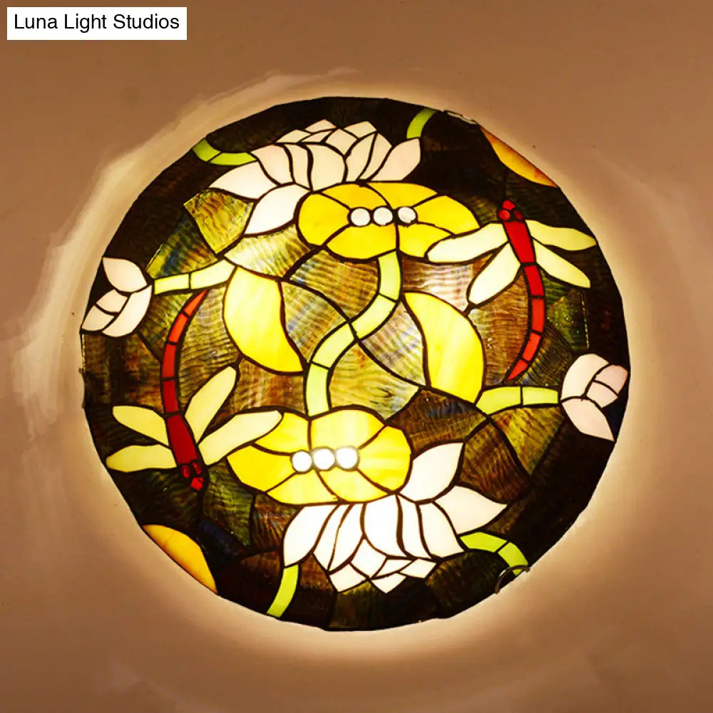 Tiffany Stained Glass Black Bowl Ceiling Lamp - Lotus And Dragonfly Flush Mount Light