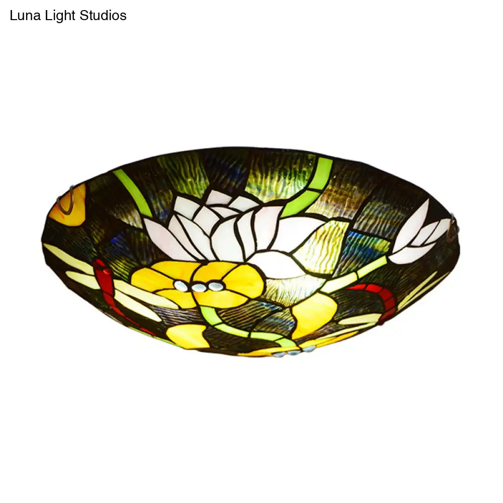 Tiffany Stained Glass Black Bowl Ceiling Lamp - Lotus And Dragonfly Flush Mount Light