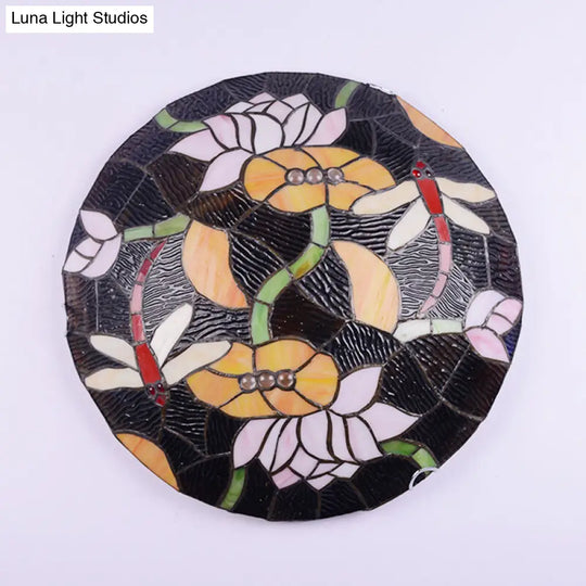 Tiffany Stained Glass Black Bowl Ceiling Lamp - Lotus And Dragonfly Flush Mount Light