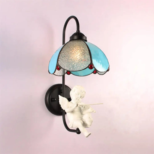 Tiffany Stained Glass Blue Petal Wall Light Fixture With Bird/Trumpet/Violin Decoration / Violin