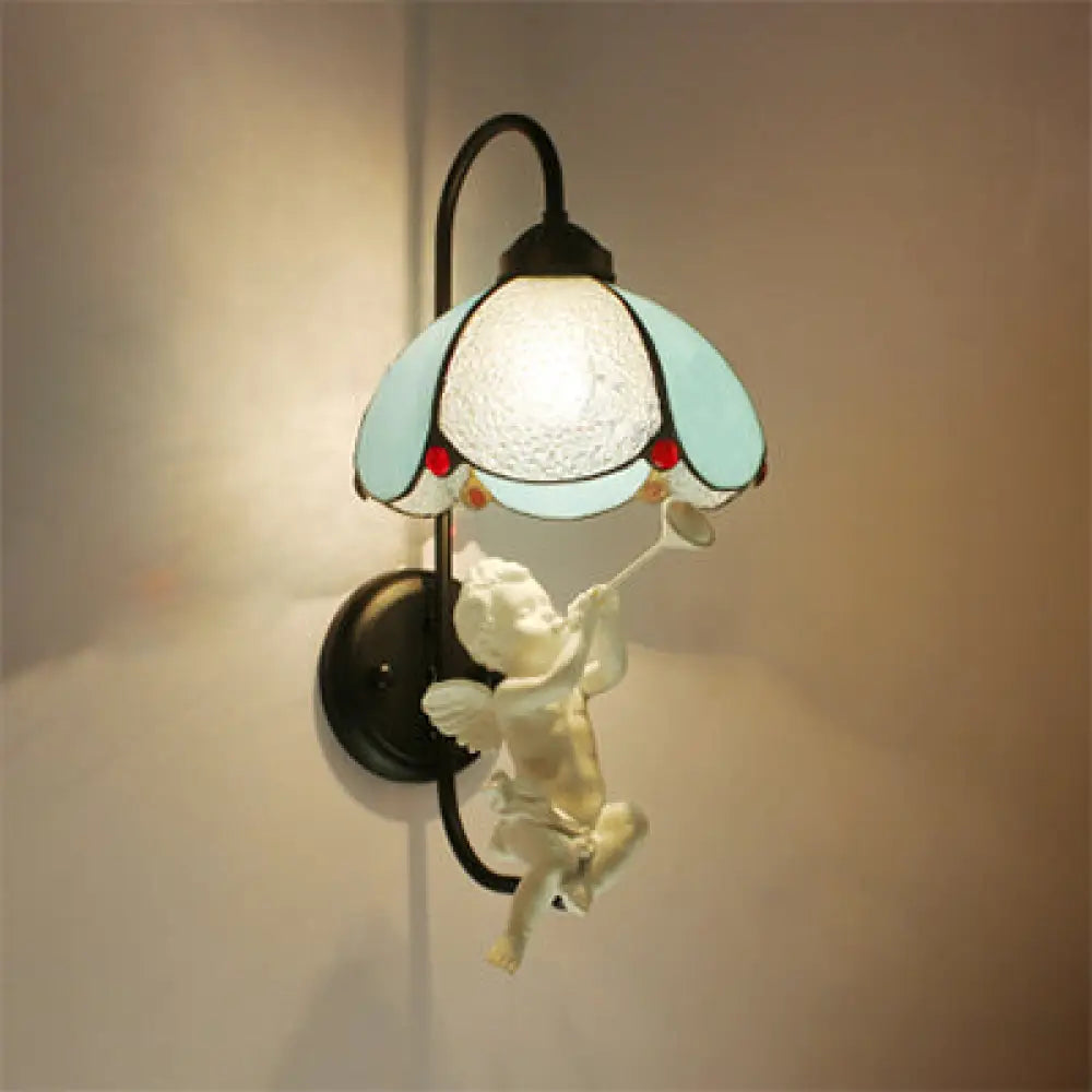 Tiffany Stained Glass Blue Petal Wall Light Fixture With Bird/Trumpet/Violin Decoration / Trumpet