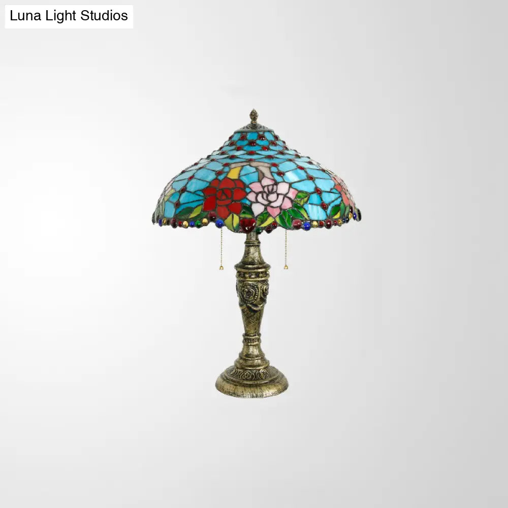 Tiffany Stained Glass Blue Table Lamp With Pull Chain - Rose Pattern 3 Heads Nightstand Lighting