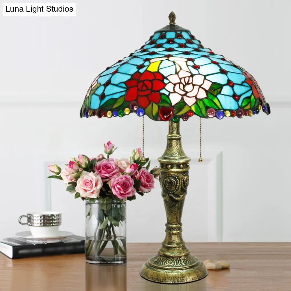 Tiffany Stained Glass Blue Table Lamp With Pull Chain - Rose Pattern 3 Heads Nightstand Lighting