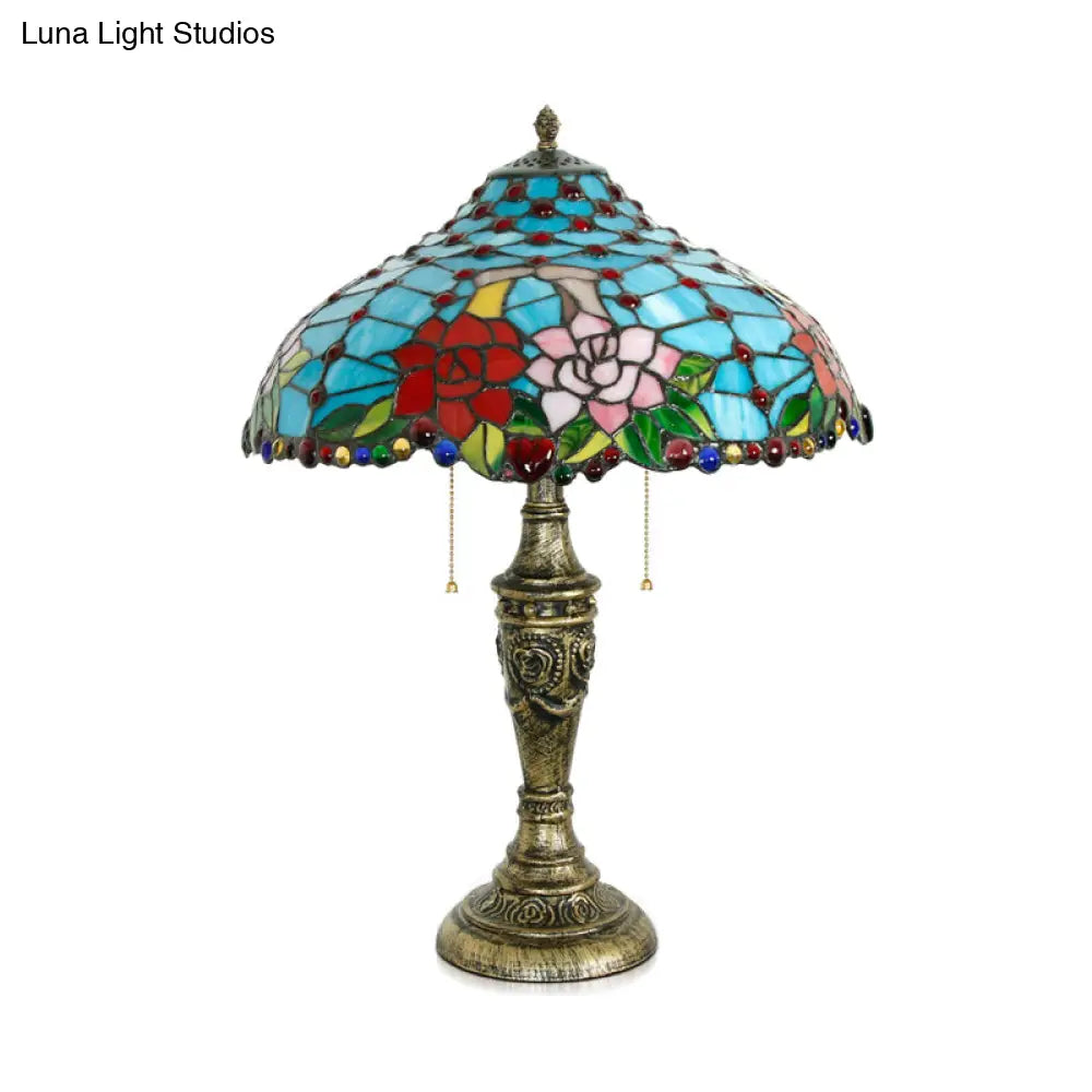 Tiffany Stained Glass Blue Table Lamp With Pull Chain - Rose Pattern 3 Heads Nightstand Lighting