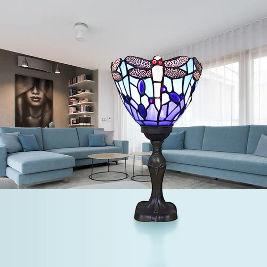 Tiffany Stained Glass Blue Torch Table Lamp - Gem/Dragonfly Pattern For Cafe & Living Room /