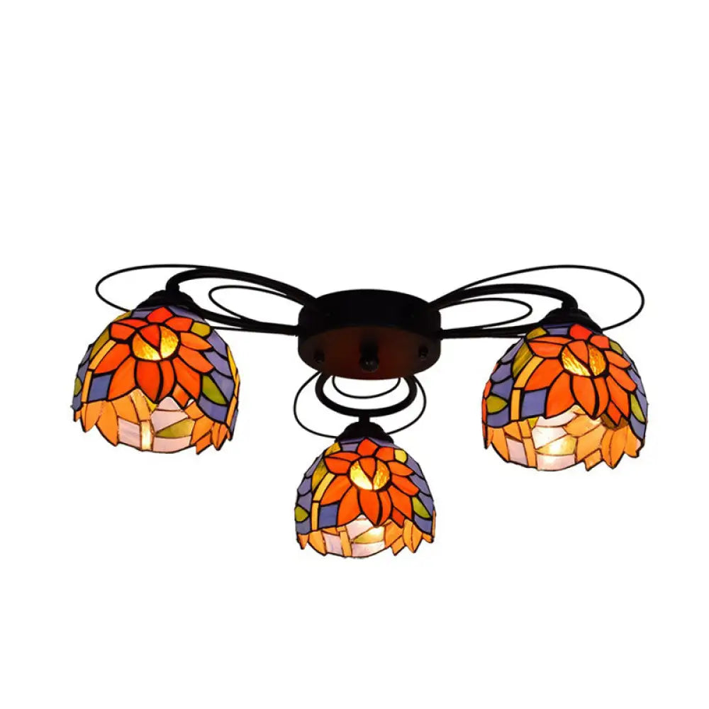 Tiffany Stained Glass Bowl Ceiling Light Fixture - Red/Orange/Green Semi Flush Mount 3/7/9 Heads 3