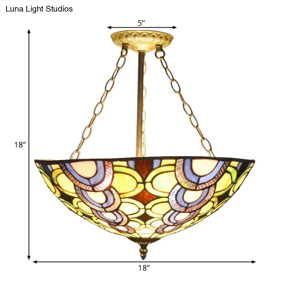 Tiffany Stained Glass Bowl Chandelier - Vibrant Multi-Colored Pendant Light For Living Room