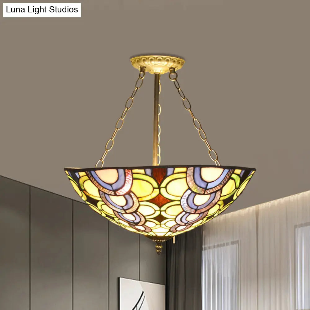 Tiffany Stained Glass Bowl Chandelier - Vibrant Multi-Colored Pendant Light For Living Room