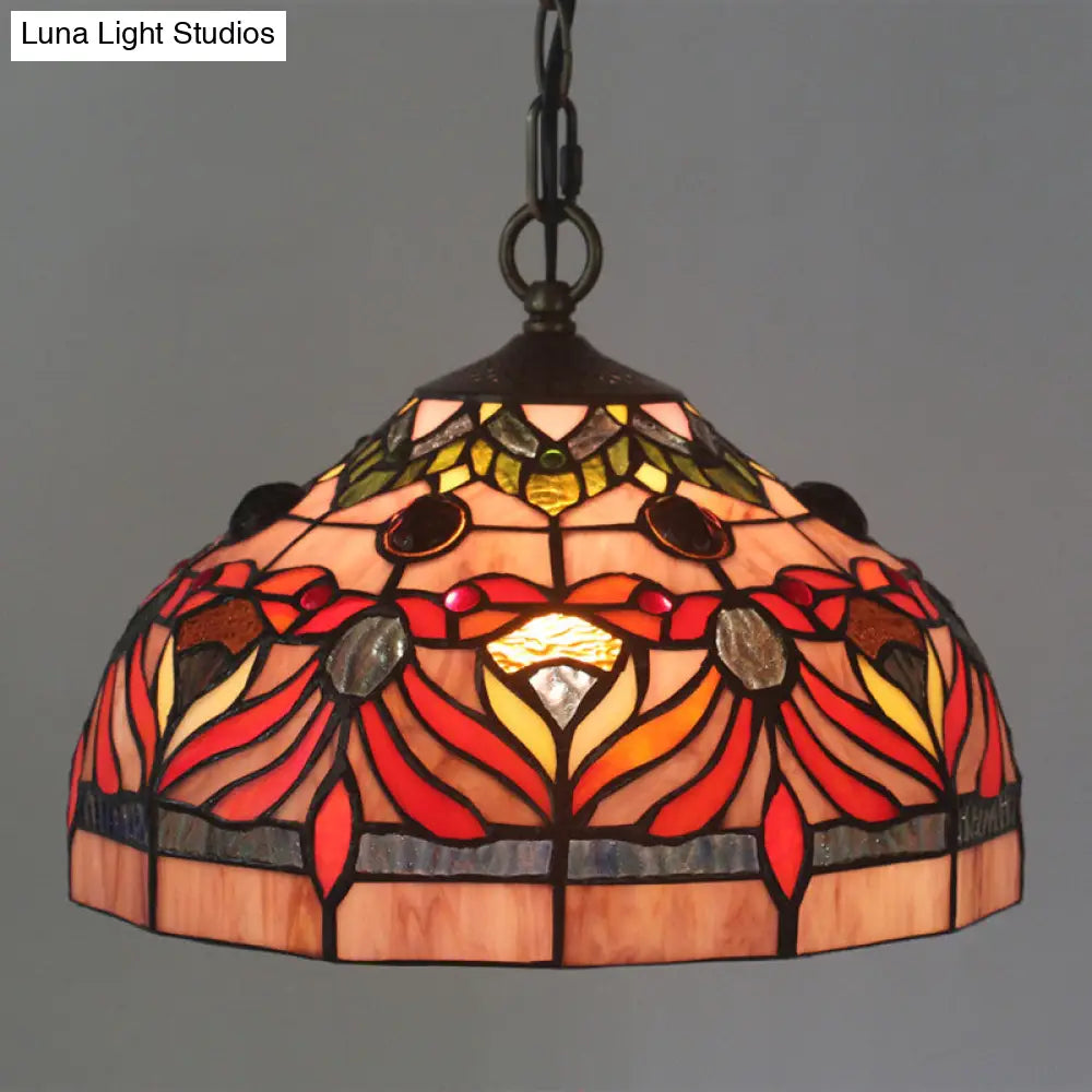 Tiffany Stained Glass Bowl Shade Hanging Light With Red Finish For Dining Room