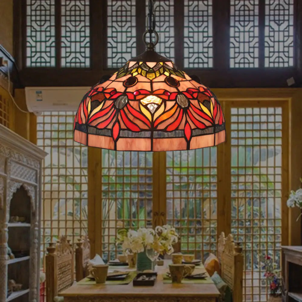 Tiffany Stained Glass Bowl Shade Hanging Light With Red Finish For Dining Room