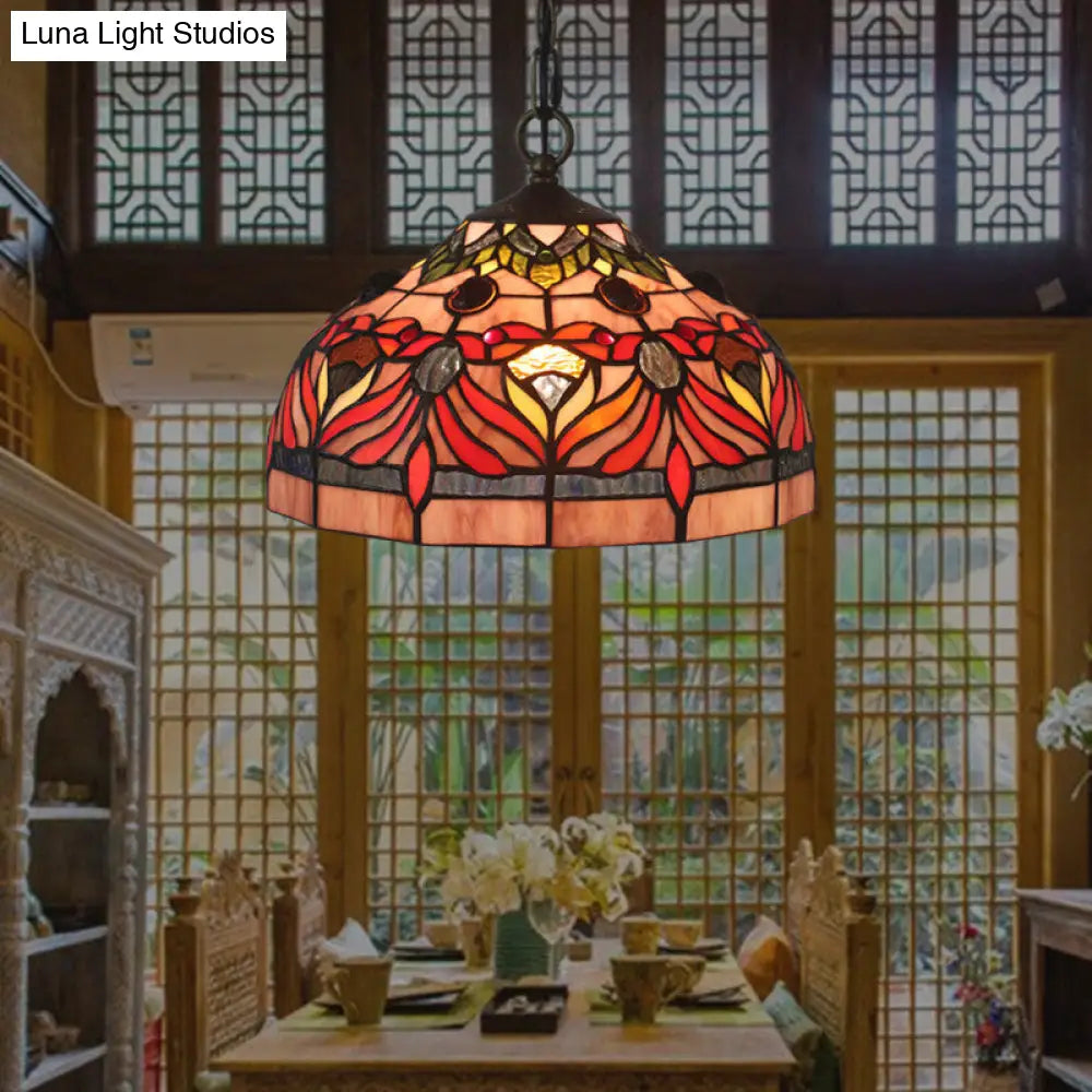 Red Stained Glass Hanging Light Fixture - Tiffany Bowl Shade Pendant For Dining Room